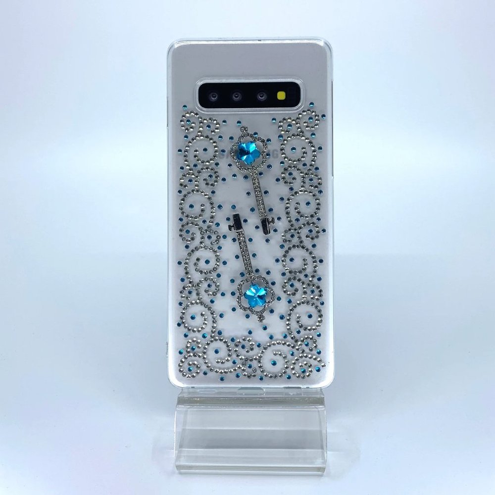 Galaxy S10 case. PC material. Unique Handmade. Blue and silver rhinestones
